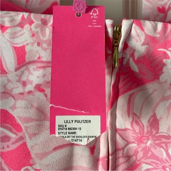 Lilly Pulitzer Pink Off-Shoulder Romper. NWT. Size 12 - Picture 8 of 9